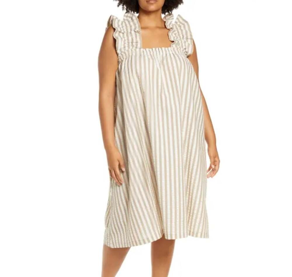 Open Edit Women’s Tan Striped Seersucker Ruffle Strap Midi Dress Sz XL